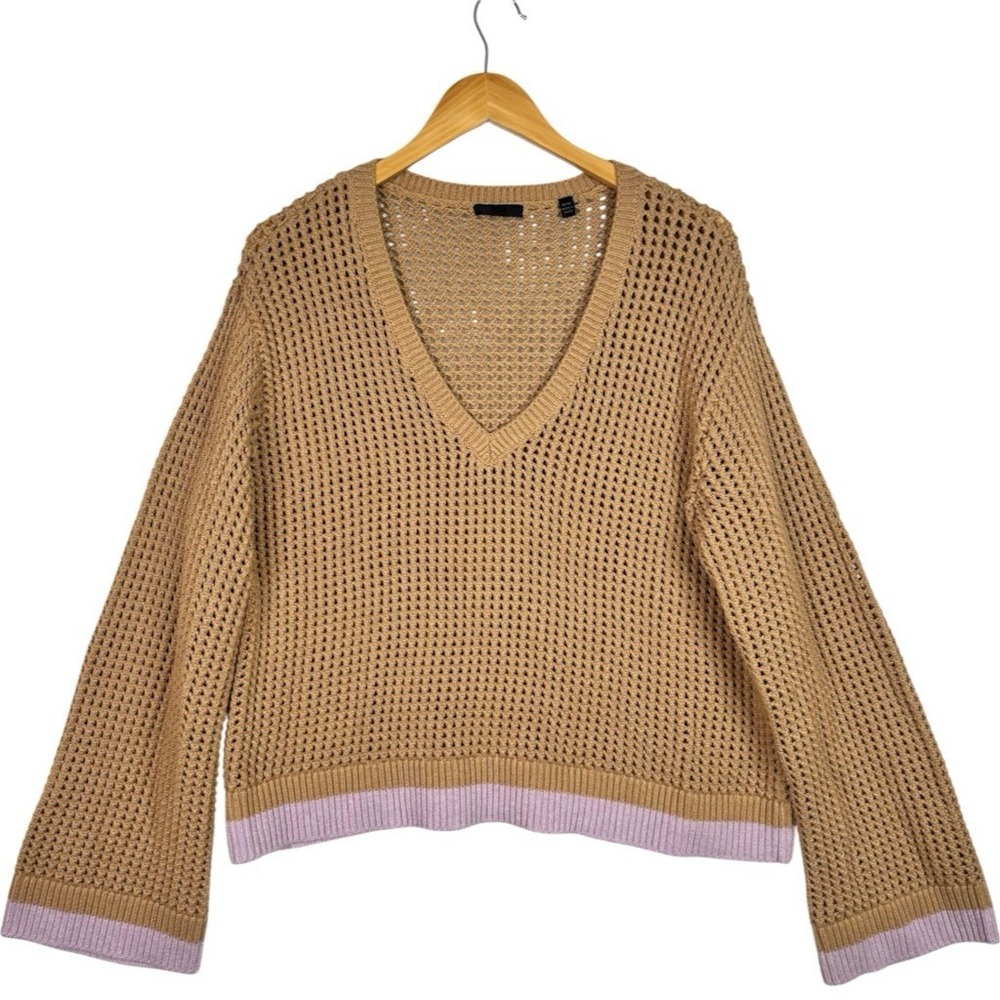 ATM Cashmere Cotton Open Knit Sweater Womens M Brown Deep V Neck Lavender Trim